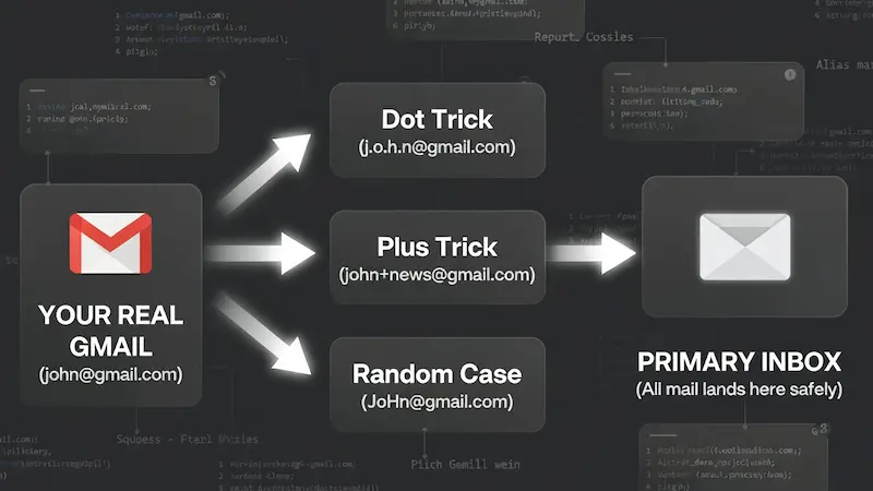 Infographic diagram showing how Gmail dot trick and plus trick redirect emails to your primary inbox securely